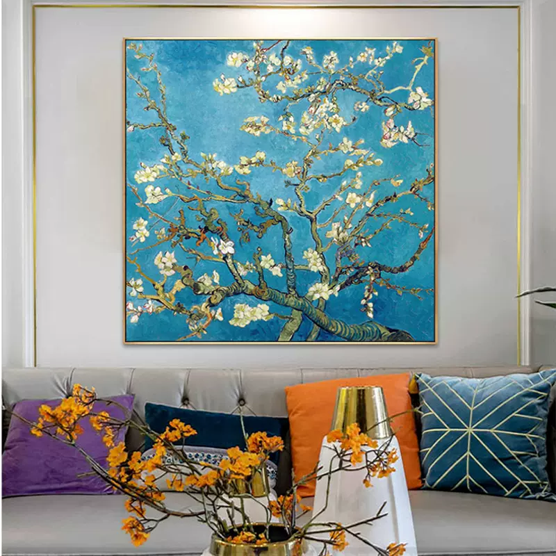 梵高盛开的杏花创新壁挂画纯手绘油画玄关竖版客厅卧室横版装饰画-Taobao