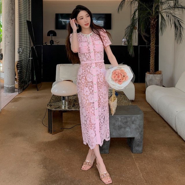 Pink lace luxury bow round neck short -sleeved long skirt high -level sensor -style tempera