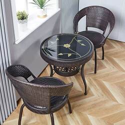 Rattan Chair Three-Piece Set with Tea Table, Balcony Small Table and Chairs, Outdoor Courtyard Open-Air Leisure Rattan Chair and Coffee Table Combination for Garden