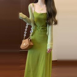 Green, Very Pretty Spaghetti Strap Dress for Women, 2026 New Early Spring Outfit, This Year's Popular Hot Style, French Long Dress