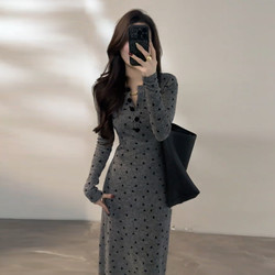 French-Style Gray Long-Sleeved Dress for Women, Early Spring 2026 New Design, Petite Waist-Cinching Long Dress