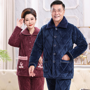
Middle-aged and elderly women's winter pajamas for couples, coral velvet warm three-layer quilted jackets for men, thickened and velvet for parents