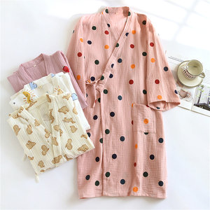 
Pure cotton crepe nightgown kimono bathrobe for women in spring and autumn summer pure cotton gauze double-layer thin home clothes pajamas loose