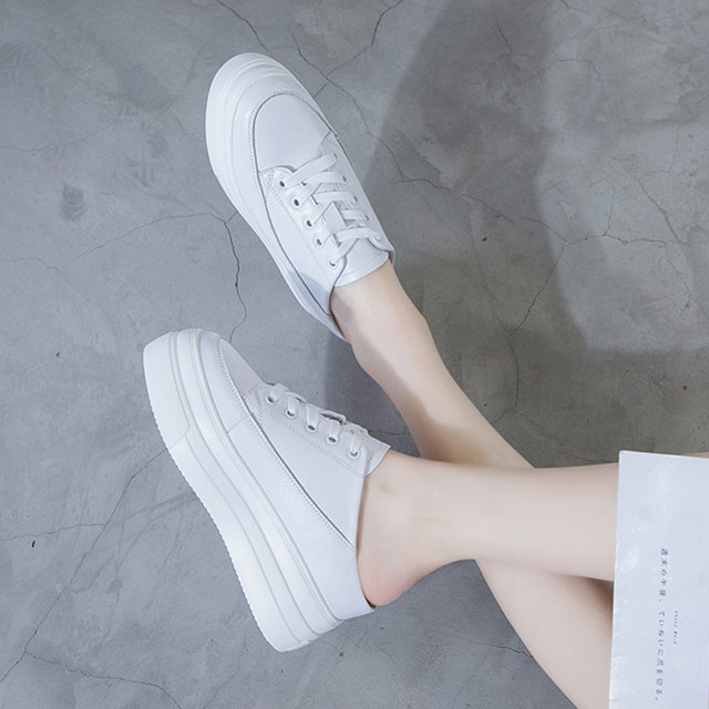 Spring and summer half-slippers for women with toe caps, outer wear, inner heightening, thick-soled sponge cake, 8cm heelless, white shoes, high-heeled sandals