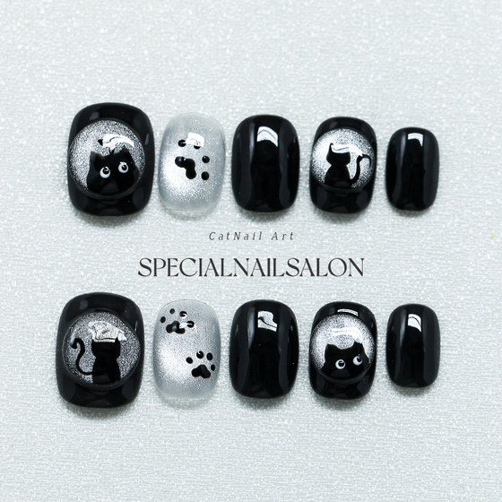 [Cat Ling Youmeng] Pure handmade nails, cute cat paws, short squares, white three -dimensional glass beads cat eyes
