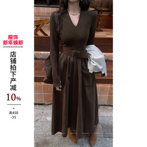 NEW DADADA [Moye] retro khaki long-sleeved dress for women with high waist slim A-line pleated skirt