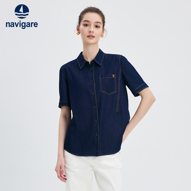 [Pure Cotton] Navigare Italian Sailing Summer New Denim Shirt Women's Short Sleeve Loose Shirt Jacket
