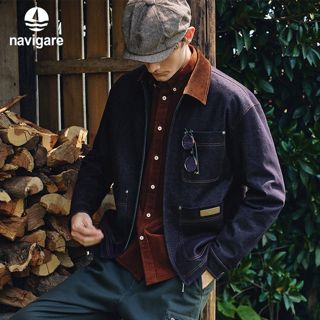 Navigare Italian small sailboat Bath style denim jacket autumn and winter new lapel cotton jacket thermal jacket