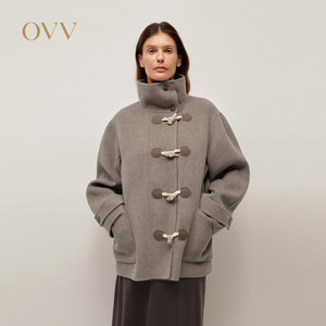 
OVV2025 new autumn and winter women's elegant contrasting imitation horn button stand collar short coat