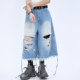 OV original summer high street American style ripped wool jeans loose straps for men and women design cropped pants
