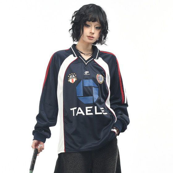 
OV original American retro V-neck jersey printed long-sleeved T-shirt for men and women autumn loose ragdoll sleeve couple top trendy