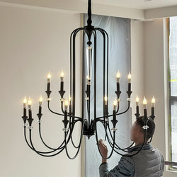 French-Style Vintage Staircase Chandelier, Mid-Century Villa Open-Air Duplex Black Candle Hotel Lobby American-Style Living Room Lamp