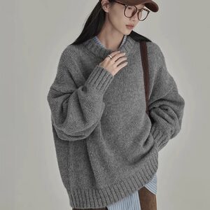 
Gray mohair round neck pullover sweater for women in winter lazy style loose soft waxy wool sweater retro top