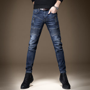 
Autumn high-end motorcycle trendy brand black zipper thread men's jeans slim fit small feet casual splicing pants for men