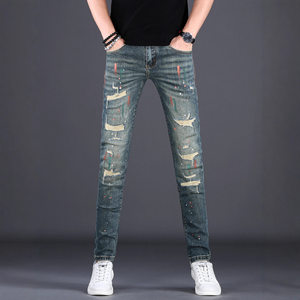 
European high-end splash-ink American jeans men's slim fit small feet ripped high street pants trendy brand handsome street men