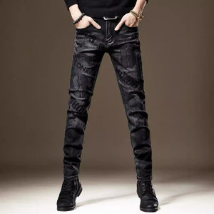 
European station light luxury embroidered printed jeans for men high-end black autumn new casual slim-fitting pants for men