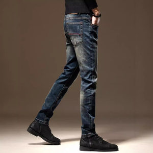 
European and American retro high-end distressed washed jeans men's slim small feet spring and autumn slim straight casual long pants