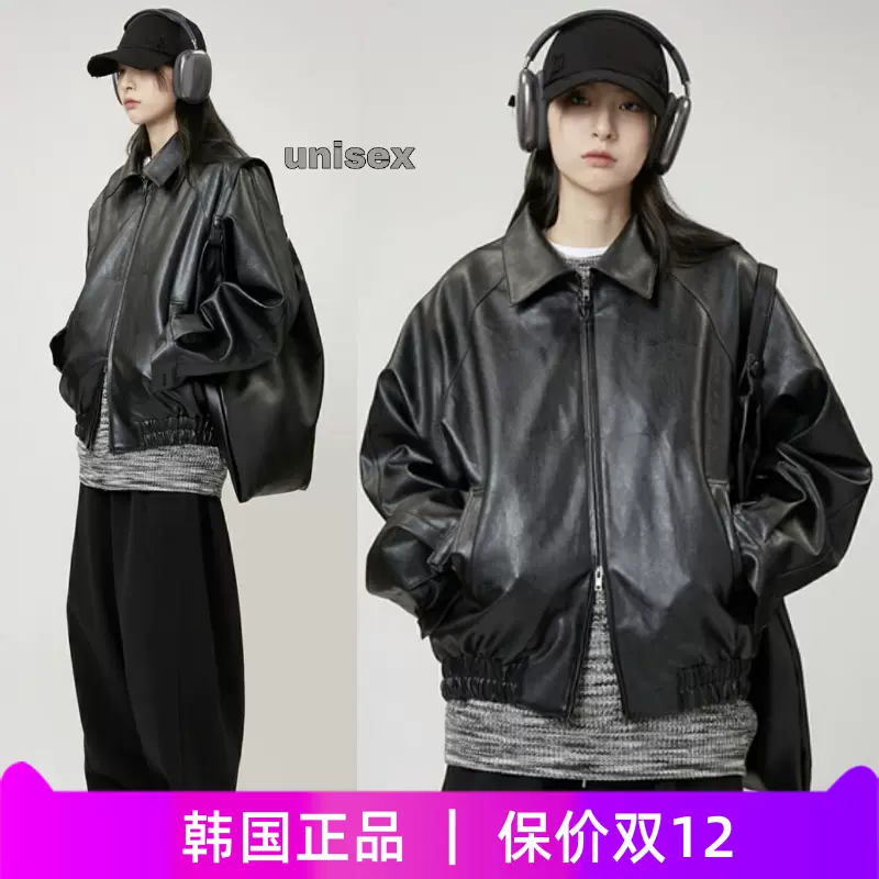 韩raucohouse皮衣pu夹克外套Raglan leather 2-way bomber jacket-Taobao