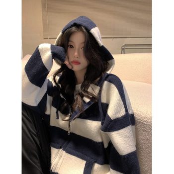 Hooded drawstring long-sleeved sweater lazy loose