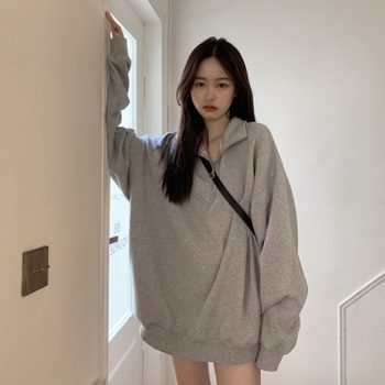 
Gray lapel early autumn American loose lazy sweatshirt