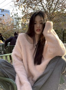 Lazy pink cherry blossom soft texture pullover sweater