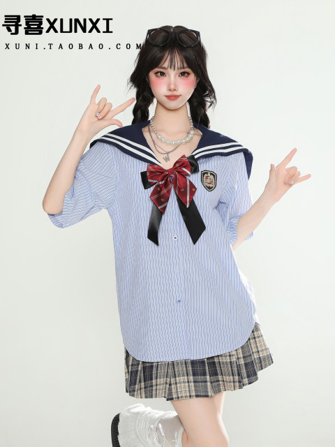 
XunXI Campus style contrasting striped shirt for women in summer JK uniform bow short-sleeved sailor clothes top