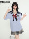 
XunXI Campus style contrasting striped shirt for women in summer JK uniform bow short-sleeved sailor clothes top