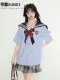 
XunXI Campus style contrasting striped shirt for women in summer JK uniform bow short-sleeved sailor clothes top
