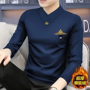
Autumn and winter new men's long-sleeved T-shirt V-neck slim-fitting high-end thermal insulation bottoming shirt plus velvet thickened underwear trendy clothes
