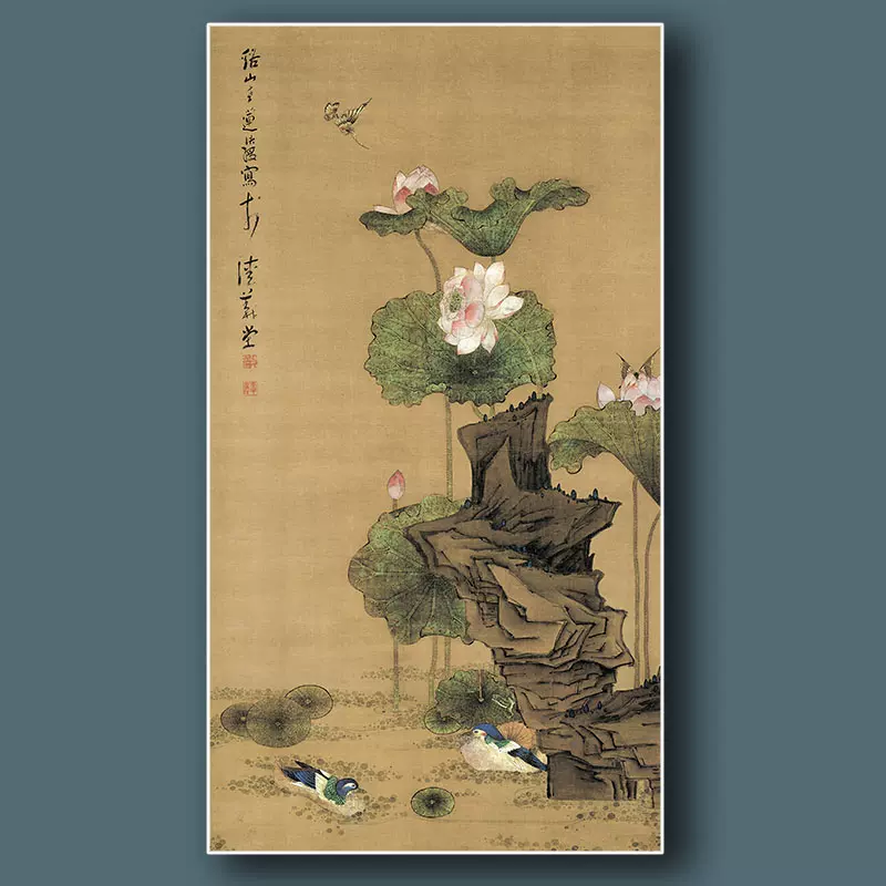 館蔵珍品明代四尺中堂画陳洪綬荷花鴛鴦画中国字画】収蔵品置物賞物貴重