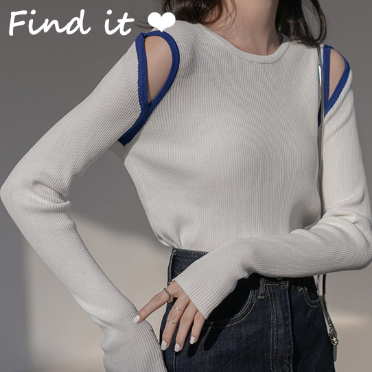 Contrasting off -shoulder hollow sweater European and American autumn new women's top long -sleeved bottoming shirts wearing women's tide