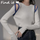 Contrasting off -shoulder hollow sweater European and American autumn new women's top long -sleeved bottoming shirts wearing women's tide