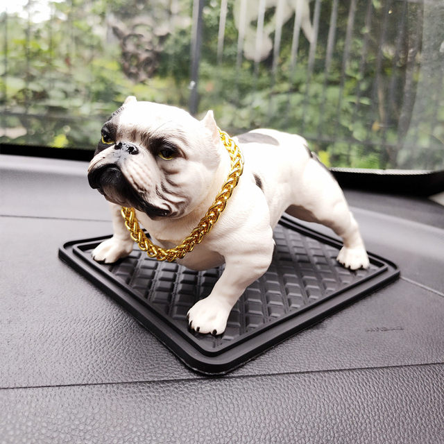 HIZEFSOO American Bully Dog Car Dashboard Ornament, Resin Pitbull Figurine With Gold Chain, Bulldog Statue For Car Interior Home Office Desk Truck