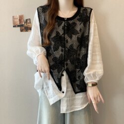 Fashionable and Stylish Vest-Style Fake Two-Piece Shirt Top for Women, 2026 Summer New Style, Plus Size, Thin Long-Sleeved Shirt for Chubby Girls