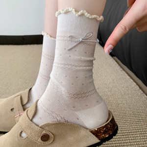 
Ballet style socks for women summer thin lace bow mid-calf cotton socks white sweet college style pile stockings