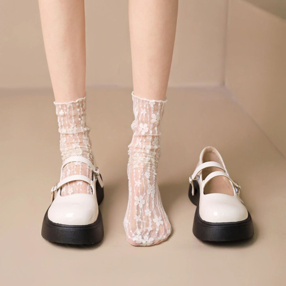 White lace stockings for women in summer thin Mary Jane mesh pile socks mid-tube sweet lolita short stockings