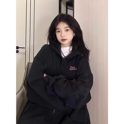 Fleece-Lined Sweatshirt for Women 2026 New Spring and Autumn Petite Loose Korean Style Lazy Hooded Zip-Up Cardigan Jacket