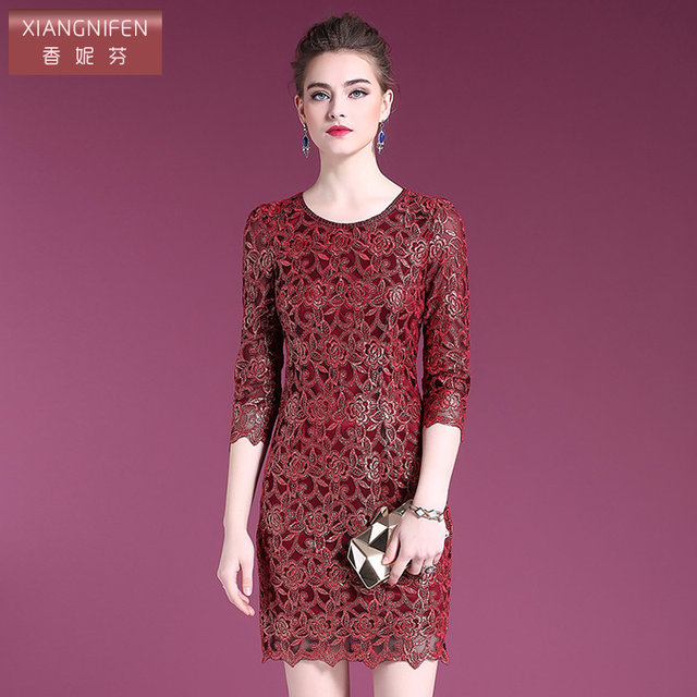 Xiangnifen 2025 autumn new lace gold thread embroidery temperament slim wedding dress one-step skirt mother outfit