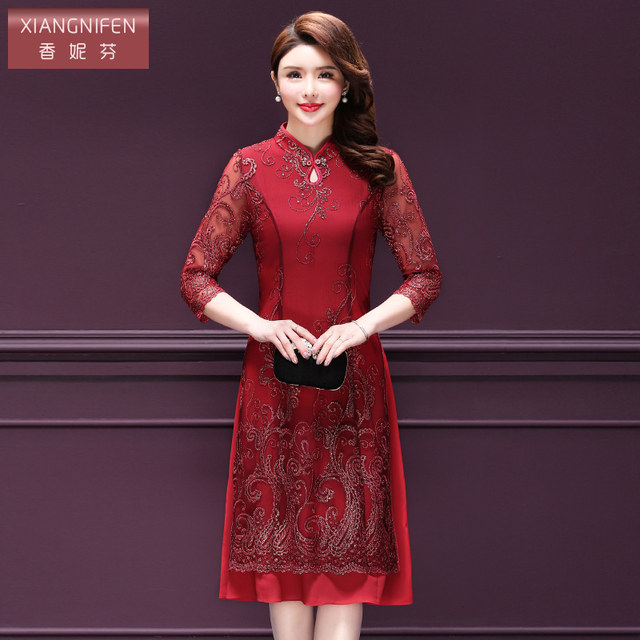 Shanifen 2025 new autumn lace embroidery middle-aged festive red wedding dress mother's dress