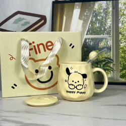 Cartoon Cute Pacha Dog Water Cup for Girls, Ceramic Mug with Lid and Spoon, High Aesthetic Value Couple's Matching Cups