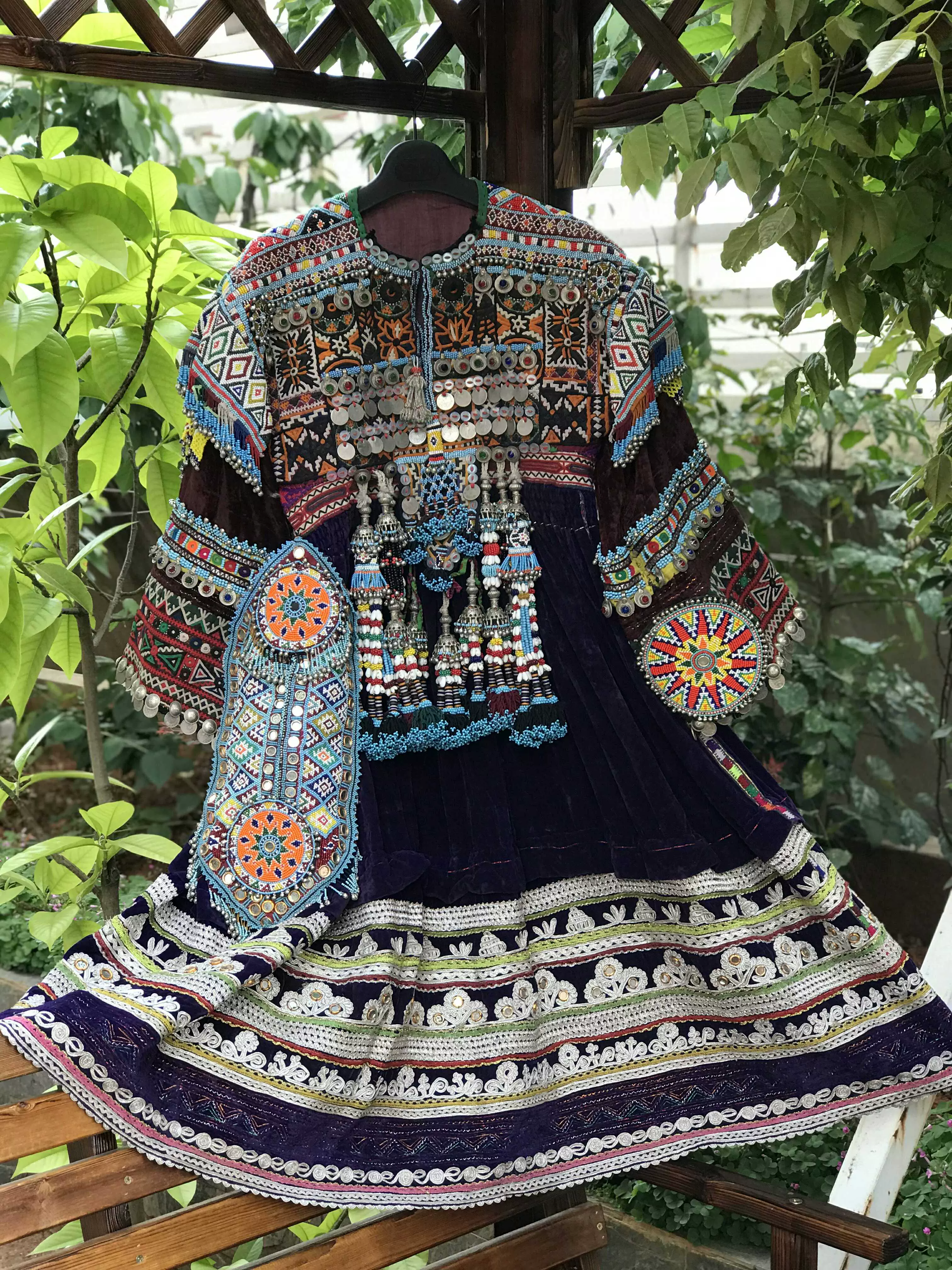 阿富汗土庫曼斯坦遊牧民族重工古董手工老繡流蘇錢幣琉璃洋裝