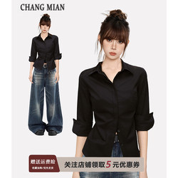 Black Polo Short-Sleeved Shirt for Women, Summer High-End Waist-Cinching Shirt, Work Wear, Mid-Sleeve Half-Sleeve Top