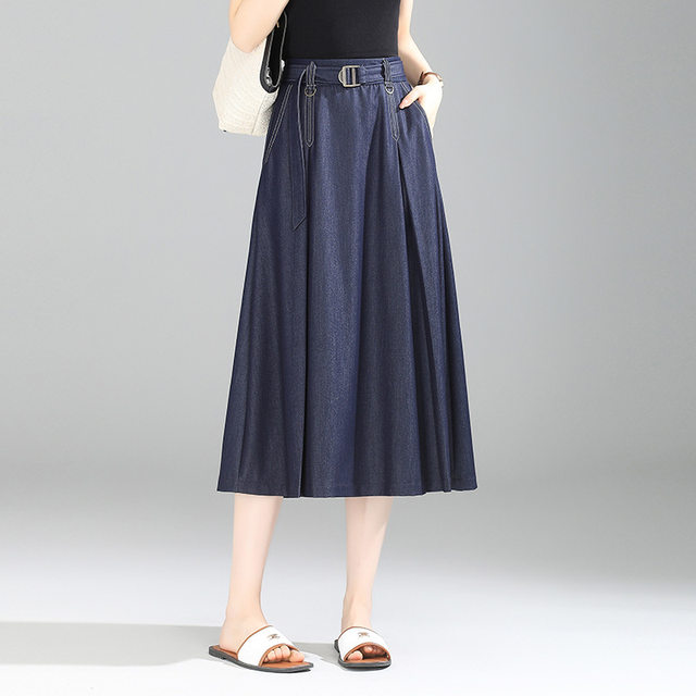 High-waisted casual lace-up denim A-line skirt mid-length skirt 2025 spring and summer fashionable versatile slim skirt