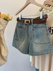 2025 Summer New Vintage High-Waisted Denim Shorts for Women, Slimming Plus Size, Loose Wide-Leg A-Line Hot Pants