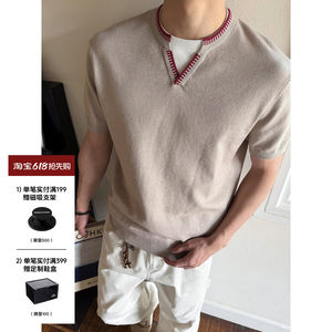 SANBAI Sanbai [Fake Two-Piece Sweater] Summer Henley Neck Short-Sleeved Sweater Men's American Slim V-neck T-shirt