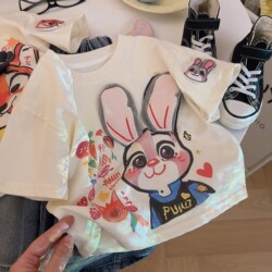 Children's Pure Cotton Short-Sleeved T-Shirt 2026 Spring and Summer Loose Korean Style Cartoon 3D Doll Rabbit Police Officer T-Shirt for Boys and Girls