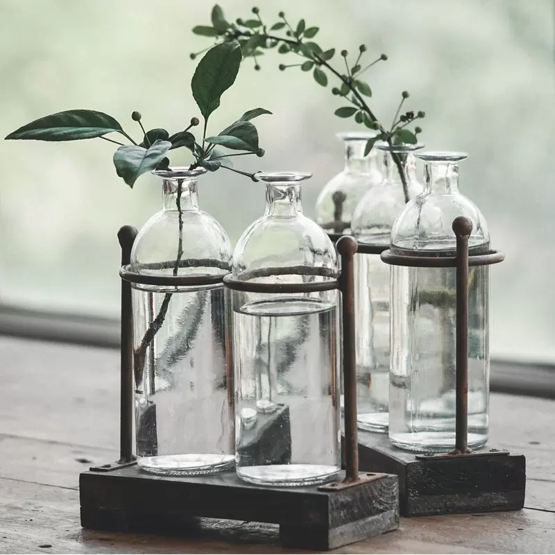 花开了木制底座铁木玻璃花瓶2瓶/3瓶美式复古做旧客厅插花摆件-Taobao