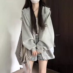 Gray Sweatshirt for Women 2026 New Spring and Autumn Loose Lazy Style Korean Chic Student Zipper Long-Sleeve Hooded Jacket