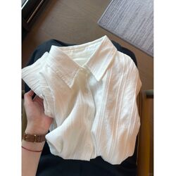 White Vertical Striped Jacquard Lazy Style Shirt for Women, Spring and Summer Korean Version, Loose Fit, Elegant, Versatile, Casual Top for Commuting