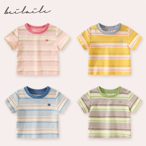 
[Parent-Child Cartoon Short-Sleeved T-shirt] Baby Clothes Boys and Girls Short-Sleeved Striped T-Shirt Summer Clothes Baby Summer Children's Clothing